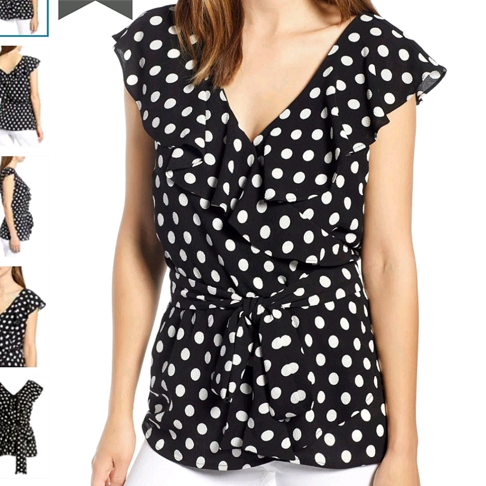 Womens HalogenRuffled Tie PolkaDot Waist Top
